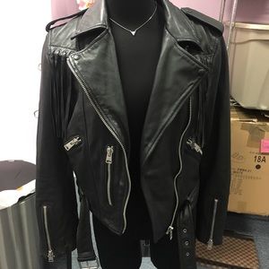 All Saints Black Leather Fringe Moto